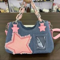 Channel the best of the early 2000s with this throwback Y2K Harajuku Star Denim Chain Bag. With a patchwork of stars, a chunky chain, and a clear compartment to spice up your look with some photos, this bag will add some serious '00s vibes to whatever you're wearing! Description: Handbags Type: Shoulder BagsShape: BaguettePattern Type: PatchworkOrigin: CNNumber of Handles/Straps: SingleMain Material: DenimLining Material: SpandexInterior: Interior Slot Pocket/Cell Phone Pocket/Interior Zipper Pocket/Interior CompartmentHardness: SoftDecoration: Appliques/ChainsClosure Type: Zipper