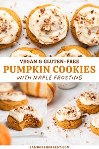 These delicious vegan pumpkin cookies are the perfect Fall treat! Filled with warm pumpkin spices and topped with tasty maple frosting, these soft and fluffy pumpkin cookies are a great snack to share with friends or family.