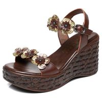 Elevate your summer look with Linda Women's Summer Sandals. Crafted with genuine leather and a buckle strap closure, these sandals offer both style and comfort. The 3-inch wedged heel and floral design add a touch of sophistication. A quality product from USS Shoes.