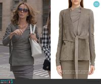 Sylvie’s gray suede wrap jacket on Emily in Paris. Outfit Details: https://wornontv.net/196063/ #EmilyinParis