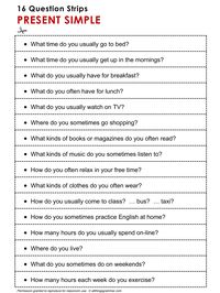 English Grammar Discussion Practice Present Simple, 16 question strips, http://www.allthingsgrammar.com/present-simple.html