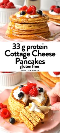 These Cottage Cheese Protein Pancakes are delicious healthy protein pancakes packed with 33g of protein per breakfast.