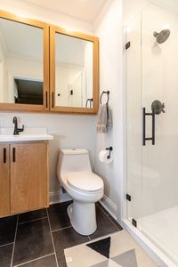 This small master makes a statement! Click to see the transformation! #small #master #bathroom #renovation #ideas #custom #cabinets #beforeandafter #ashmorebuilders