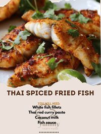 🐟🌶️ Experience the bold flavors of Thai Spiced Fried Fish! A crispy delight with a spicy kick! 🐟🌶️ #ThaiCuisine #SpicyGoodness Thai Spiced Fried Fish Ingredients: White fish fillets (400g) Thai red curry paste (2 tbsp) Coconut milk (1/2 cup) Fish sauce (2 tbsp) Lime juice (1 tbsp) Garlic (2 cloves, minced) Rice flour (1/2 cup) Oil (for frying) Fresh cilantro (for garnish) Instructions: Mix curry paste, coconut milk, fish sauce, lime juice, and garlic. Marinate fish for 30 minutes. Coat fi...