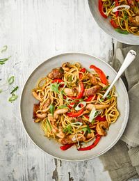 Stir-fry strips of chicken and red peppers in a wok with ginger, chilli and honey for a comforting midweek meal for two