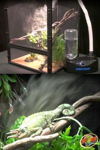 Increase your reptile or amphibian terrarium’s humidity with Zoo Med’s Repti Fogger™, a compact ultrasonic humidifying fogger with adjustable fog output control. It includes a one-liter bottle, an adjustable hose that extends up to 3 feet, and all the necessary fittings. Especially great for keeping humidity high for chameleons when keeping them in a screen enclosure like the ReptiBreeze.