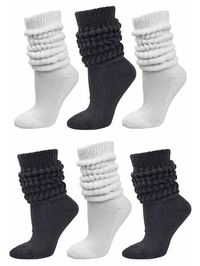 PRICES MAY VARY. Cotton Machine wash cool, drip dry. These slouch socks are made of a thick ribbed knit with a tuck stitched body. These high quality slouch socks are nicely bundled in a pack of six. Made of 100% cotton, these Luxury Divas slouch socks are made of thick, high quality cotton. This slouch sock bundle contains 3 pairs of black slouch socks and 3 pairs of white slouch socks. L02888 These slouch socks are thick, absorbent, warm and ultra comfortable. They can be worn pulled up to kne