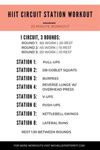 HIIT Circuit Station Style Workouts are a great method to combine bodyweight training, weight training, plyometrics, cardio, gymnastics, and core work all into one awesome workout and it’s also anything but boring!  #circuit