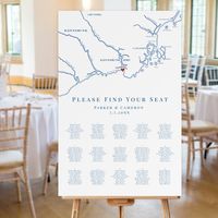 Guide your guests with our Navy Blue Kennebunkport Map Wedding Reception Seating Chart, designed for 15 tables or 150 guests. Featuring an elegant map of Kennebunkport, Maine, this seating chart adds a coastal touch to your special day. Perfect for weddings at The Colony Hotel, The Nonantum Resort, Hidden Pond, The Breakwater Inn & Spa, and The White Barn Inn & Spa. Ensure a seamless and stylish reception with this charming coastal-themed seating chart! Artwork by Coastal Map Designs.