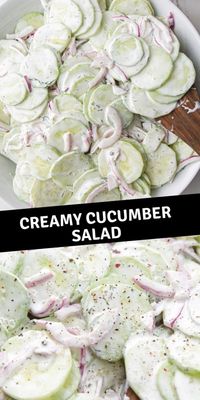 Creamy cucumber salad is a refreshing summer staple with crisp cucumbers, crunchy red onions, fresh dill and a light sour cream dressing. This classic cucumber recipe is made with ingredients you likely have on hand and is a light and delicious side dish for summer grilling, barbecues, picnics, or potlucks.