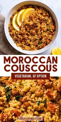 Moroccan Couscous with Sweet Potato and Chickpeas is a fast and easy pantry meal. Roasted sweet potato and crispy chickpeas are coated in a flavourful Moroccan spice mix, then tossed with couscous and a simple lemon dressing. Serve it as a main or as a side dish! Gluten-free and vegan options.