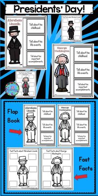 Presidents' Day Activities: Have your children research George Washington and Abraham Lincoln. This product includes two ways for your children to share what they have learned about them. TAKE A LOOK AT THE PREVIEW! George Washington Flap Book Printable (color and black and white) George Washington Fast Facts (color and black and white) Abraham Lincoln Flap Book Printable (color and black and white) Abraham Lincoln Fast Facts (color and black and white   #presidentsdayactivities