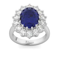 Oval Blue Sapphire & Diamond Halo Lady Di Ring 14k White Gold 6.40ct - AD1538