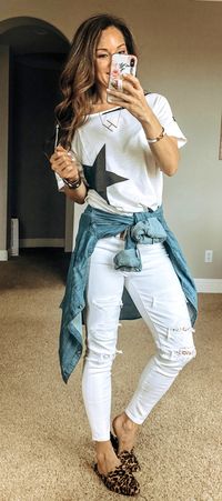 #spring #outfits  white denim jeans