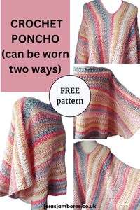 Stylish and fun, this crochet poncho free pattern can be worn two ways. With the stitches horizontal this poncho gives a boat neckline, turn it 45 degrees and the stitches are vertical giving a v-neck. It's magic :) Worked flat in one piece (no sewing!) and with a shaped hem, this crochet poncho free pattern is suitable for beginners and more experienced crocheters alike. Happy crocheting!