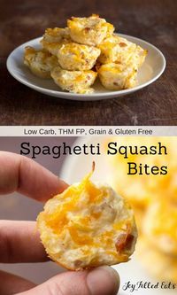 Spaghetti Squash Bites - Low Carb, Grain Free, THM FP. By mixing a little egg white, cheese, & bacon into Spaghetti Squash and cooking it in muffin tins it becomes cute little bites you can pick up and eat. via @joyfilledeats