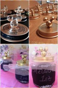 Minnie favors. Birthday. DIY. Baby food jars. Gold. Pink. Tutu. Chalkboard stickers