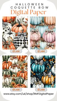 3D Halloween Watercolour Pumpkins Animal Print Coquette Bow Digital Paper in 8K - 20 Seamless Patterns.  Each 8000x8000 pixels image is a high-resolution JPG. 300DPI. Easy to download.  Add a playful and stylish touch to your creative projects with our 3D Halloween Watercolour Pumpkins Animal Print Coquette Digital Paper in stunning 8K resolution. Perfect for a cute Halloween theme, this collection features a variety of charming pumpkins with bows, including trendy pumpkins with coquette bows and animal print pumpkins. The animal print coquette design adds a trendy flair, making it ideal for girls' Halloween crafts, invitations, and decor.