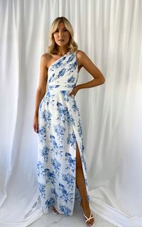 Stephanie one shoulder draped top floral dress - blue    top elasticated at the back    lined    small fit. Summer, bloat-friendly, occasion-dress, race-day-dresses, Garden Party, GM May 24, Party, Wedding Guest, Mother Of The Bride, Floral, Printed, Flowy, Sleeveless, A-Line, Maxi, Asymmetric, One Shoulder