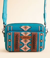 Wrangler® Southwestern Crossbody Purse - Turquoise , Women's Turquoise Printed canvas and faux leather lined purse Zipper closures Interior pouch pocket Removable shoulder strap Dimensions: 7(L) x 3(W) x 5 1/4(H). Main: PU/Polyester. Lining: Polyester. Apparel & Accessories