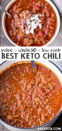 This Low-Carb Paleo Chili is a bean-free, Whole30-approved, and Keto-friendly take on my award-winning best chili recipe! This hearty keto chili made with ground beef, sausage & bacon is so hearty and flavorful.