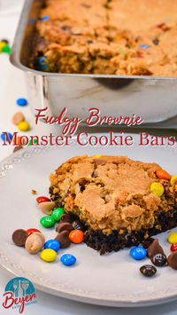 Fudgy brownies monster cookie bars recipe combine a brownie mix with a peanut butter cookie dough mix with the addition of oatmeal, peanut butter, chocolate chips, m&m's and peanut butter chips. These monster brookies are always devoured by the chocolate and peanut butter lovers.