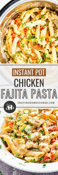 Instant Pot Chicken Fajita Pasta combines the spice & flavor of the classic sizzling fajita with penne pasta. Ready in a flash - thanks to the instant pot! #chicken #fajitas #pasta #instantpot #recipes