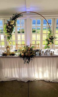 Our circle arch does double duty for this #castlefarms wedding! 

It was present as the backdrop for K and N's wedding ceremony and then was moved to behind their sweetheart table.

Isn't this gorgeous?

Would you like to rent this for your northern Michigan wedding? Reach out to me to check availability. It is our #1 rental!

To learn more: