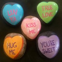 Fun candy conversation hearts painted on rocks! This five piece set includes blue “Luv ya”, green “True love”, pink “Kiss me”, purple “You’re sweet”, and orange “Hug me”. These are great grouped together, or given individually as gifts. This is the perfect unique Valentine’s Day gift that will last