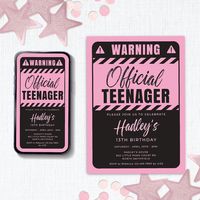 Editable Digital Birthday Invitation for 13th Birthday Girl, Party Idea for 13 Year Old, Warning Official Teenager Evite Darker Pink 130HL - Etsy