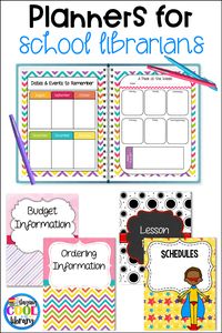 School Library Planners - Stay organized this school year with a planner made just for school librarians. There are over 300 pages. Many editable pages are included. Choose from 4 different themes.