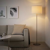 RINGSTA / SKAFTET floor lamp, white/nickel plated, Height: 60 ". Nickel-plated base with clean lines and a white textile shade on top that spreads an even and decorative light when the lamp is on. Like the style? You can decorate with more lamps from the same series. Frame: Steel.