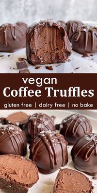 These vegan coffee chocolate truffles have a rich, creamy fudge filling made with coconut cream, dark chocolate and instant coffee. They're dipped in dark chocolate and topped with a pinch of flaked salt. This chocolate coffee truffles recipe is paleo, vegan and easily made keto. #vegandesserts #nobake #paleodiet #lowcarbdesserts #coffeetruffles