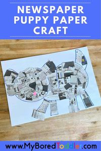 This simple to set up, newspaper puppy paper craft is a fun and very cute art activity for your toddler. A great fine motor craft idea for toddlers