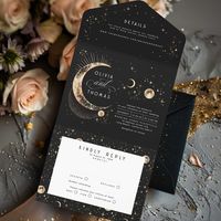 This romantic black and gold all-in-one wedding invitation offers a breathtaking preview of the beauty that your special day will unfold. It combines the wedding invitation itself with a detachable RSVP card for guests to return, and a section detailing your wedding specifics, including your website. This elegant and compact design effortlessly blends simplicity with a touch of luxurious sophistication. Adorned with celestial motifs such as the crescent moon, radiant sun halo, twinkling stars, w