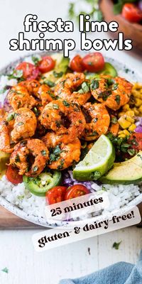 Fiesta lime shrimp bowls are seasoned with bold spices and fresh lime juice, served over a bed of cilantro lime rice and fresh veggies. This meal prep recipe can be on your dinner table in less than 25 minutes and is perfect for a quick weeknight seafood dinner.