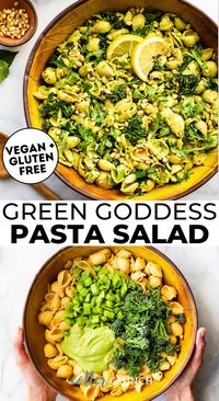 This Green Goddess Vegan Pasta Salad is made with simple and nourishing ingredients that come together in minutes. This vegan salad and allergy-friendly recipe, is the perfect light lunch. Make it ahead of time for meal prep or take it to summer picnics, barbecues, and more! Use gluten free pasta like chickpea pasta and fresh vegetables in this vegan pasta bowl.