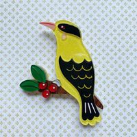 The most common bird species in Singapore. It can be found throughout South-East Asia. Its distinct call is a nasal niee or myaa.   Height 3.15 inches x Width 2.56 inches  Laser cut and layered acrylic Hand assembled and hand painted Brooch clasps are made from silver-plated steel.