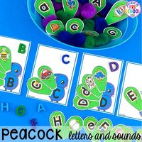 Peacock letters and sounds to practice letter identification and beginning sounds plus tons of Bird activities (literacy, math, fine motor, science) and FREE bird play dough mats perfect for preschool, pre-k, and kindergarten.