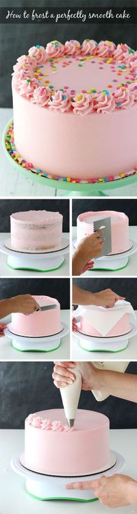 Tutorial for how to frost a perfectly smooth cake with buttercream icing! Images and animated gifs with detailed instructions!