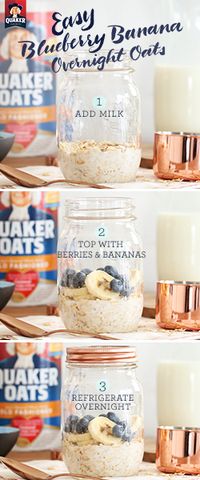 It only takes 3 steps to make Quaker® overnight oats! Try a quick, easy recipe that you can grab on your way out of the door in the morning. Ingredients: ½ cup Quaker® Oats, ½ cup low-fat milk, 1 teaspoon vanilla (optional), ½ cup blueberries, ⅓ cup banana, sliced, 1 teaspoon chia seeds (optional)