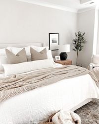 A beautifully designed bedroom featuring a cozy and minimalist aesthetic. The soft neutral tones, from the crisp white bedding to the beige accents, create a serene and calming atmosphere. The wooden nightstand adds warmth, while the subtle decor, including a potted plant and framed artwork, brings a touch of nature and personality to the space. Perfect inspiration for anyone looking to create a peaceful and inviting bedroom retreat.