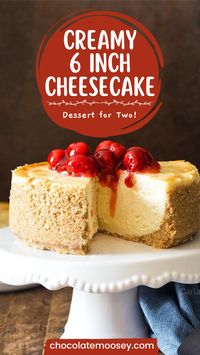 This Creamy 6 Inch Cheesecake is a delicious dessert for two, ideal for any occasion. Garnish with cherry pie filling, whipped cream, and more! This recipe is fairly easy to make, but there are some tips and tricks to ensure the perfect 6 inch cheesecake - click over to the blog to get all the details!