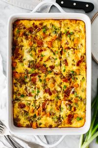 This easy breakfast casserole is loaded with roasted sweet potato, bacon, breakfast sausage, onion, and bell pepper. It's the perfect recipe for brunch, Christmas, Easter, or meal prep!