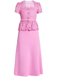 bubblegum pink floral lace appliqué belted waist square neck front button fastening short sleeves ankle-length straight hem