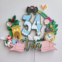 "INCLUDES: *Cake topper with Name/Message and Number of choice attached to clear stick *Note: this is a one sided cake topper and back is not decorated MEASUREMENTS: Toppers measures approx. 7\"-8\" wide. When attached to the stick it measures approx. 11-12\" tall COLORS: All letters/colors/pictures can be customized to match your theme. Message prior to ordering for any changes IMPORTANT: Price is for cake topper ONLY. Flowers and banner not included and must be purchased separately. TURN AROUN