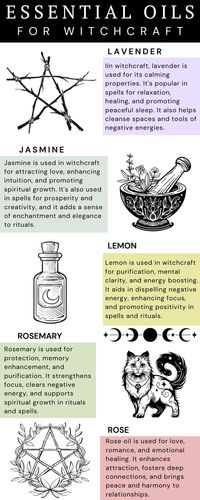 In witchcraft, essential oils have many uses. Frankincense and rosemary are used for protection. Lemon and eucalyptus aid in cleansing. For love spells, rose and vanilla are popular. Orange and bergamot uplift mood, while patchouli and lemongrass help with grounding. Lavender adds relaxation and calm.