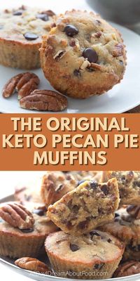 The one, the only, the ORIGINAL keto pecan pie muffins recipe. Accept no substitutes! These dense low carb muffins taste just like the filling from a gooey pecan pie. Add chocolate chips or not, it's up to you. They also travel really well and can be stored and frozen for several months, so they're perfect for keto meal planning.