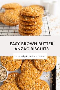 Brown Butter Anzac Biscuits. This easy Anzac Biscuit recipe is chewy and oaty. Anzac biscuits are made with brown butter and honey or golden syrup for a perfect depth of flavour. These chewy Anzac biscuits keep well, so are great to make ahead of time. Anzac biscuits do not require any chill time, so come together quickly for the perfect soft and chewy homemade Anzac biscuit.