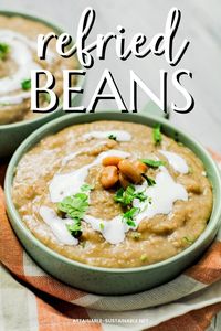 This homemade refried beans recipe is excellent, and way less expensive than the canned version. Serve them with your favorite Mexican dinner, roll them up in a burrito, or spoon up a warm bowl of goodness. #recipe #budget #homestead